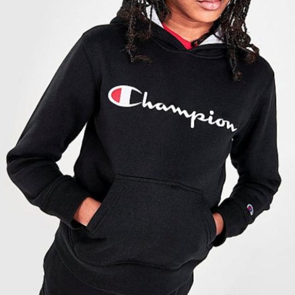 Champion Hoodie Youth Big Boys Small Fleece Script Logo Long Sleeve Black - Picture 5 of 6